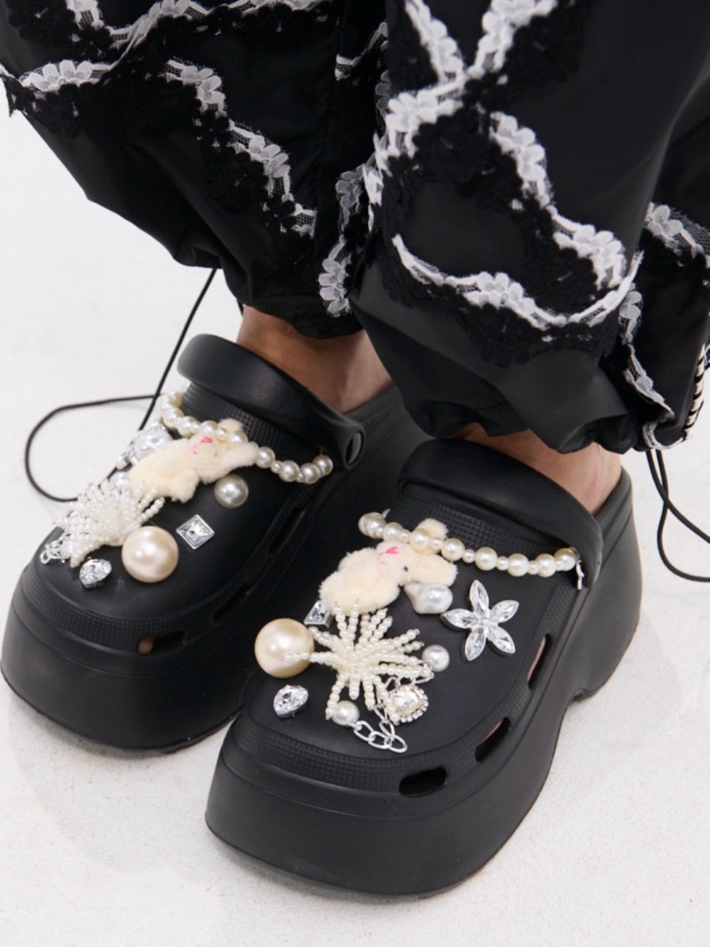Black Platform Clog Mules with Pearl & Charm Embellishments